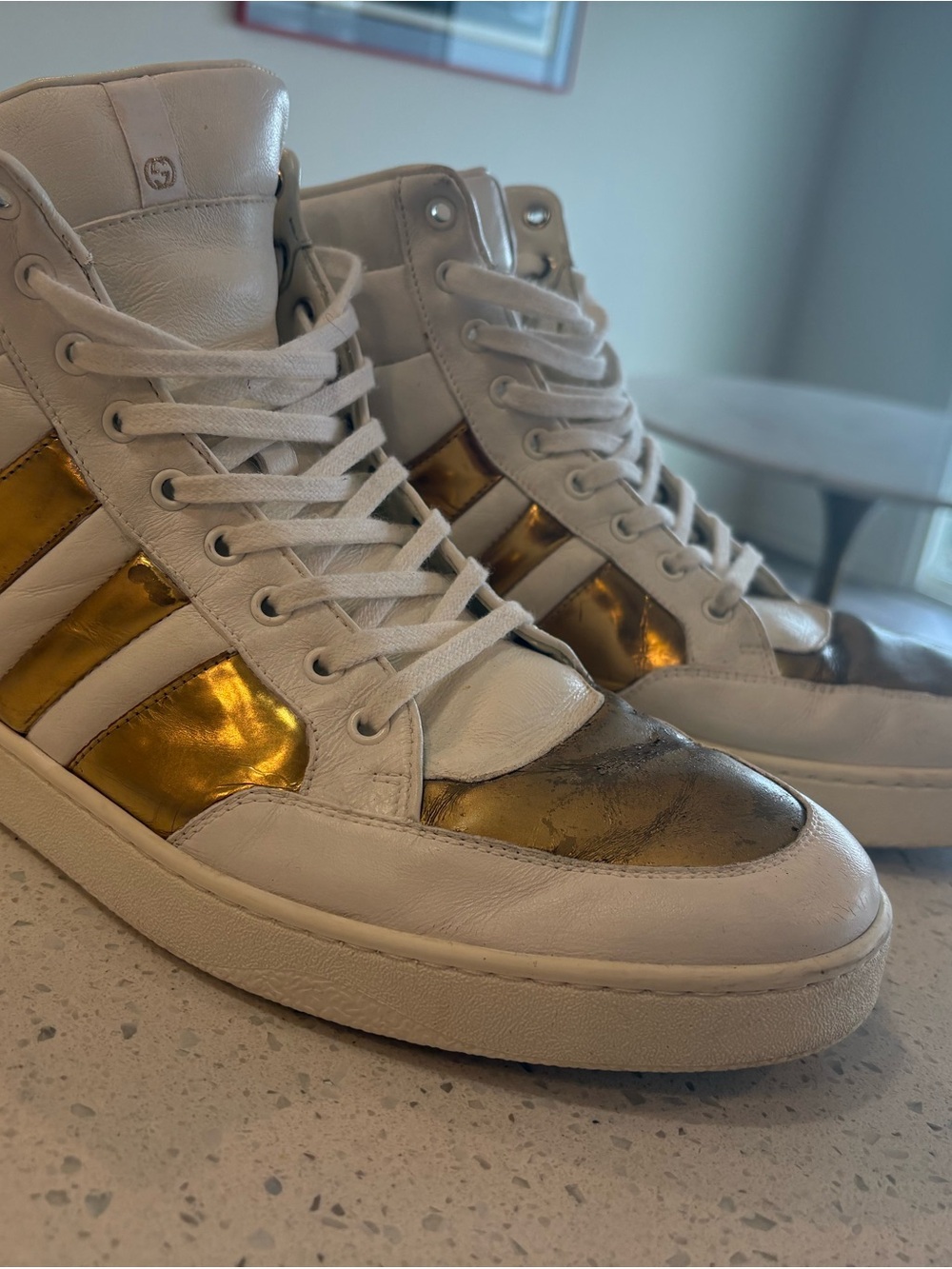 Gucci White Leather High-Top Sneakers with Metallic Gold Panels